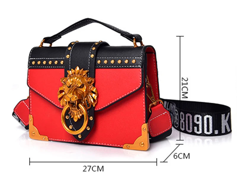 Fashion Metal Lion Handbags Crossbody Bags Women Metal Lion Head Brand Rivet Shoulder Purse Mini Square Messenger Bag