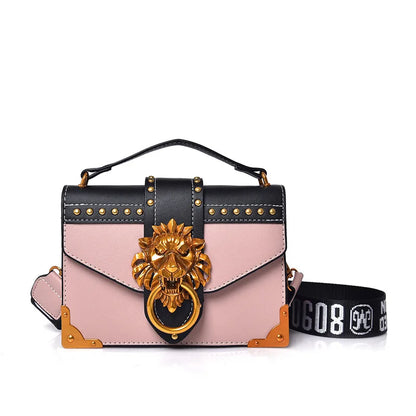 Fashion Metal Lion Handbags Crossbody Bags Women Metal Lion Head Brand Rivet Shoulder Purse Mini Square Messenger Bag