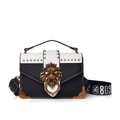 Fashion Metal Lion Handbags Crossbody Bags Women Metal Lion Head Brand Rivet Shoulder Purse Mini Square Messenger Bag