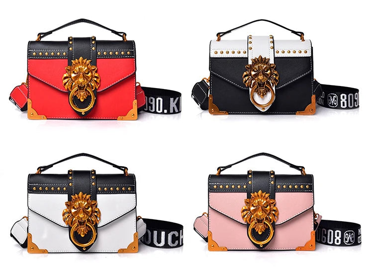 Fashion Metal Lion Handbags Crossbody Bags Women Metal Lion Head Brand Rivet Shoulder Purse Mini Square Messenger Bag