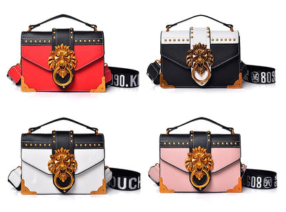 Fashion Metal Lion Handbags Crossbody Bags Women Metal Lion Head Brand Rivet Shoulder Purse Mini Square Messenger Bag