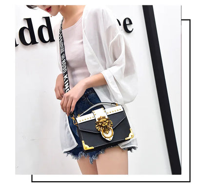 Fashion Metal Lion Handbags Crossbody Bags Women Metal Lion Head Brand Rivet Shoulder Purse Mini Square Messenger Bag