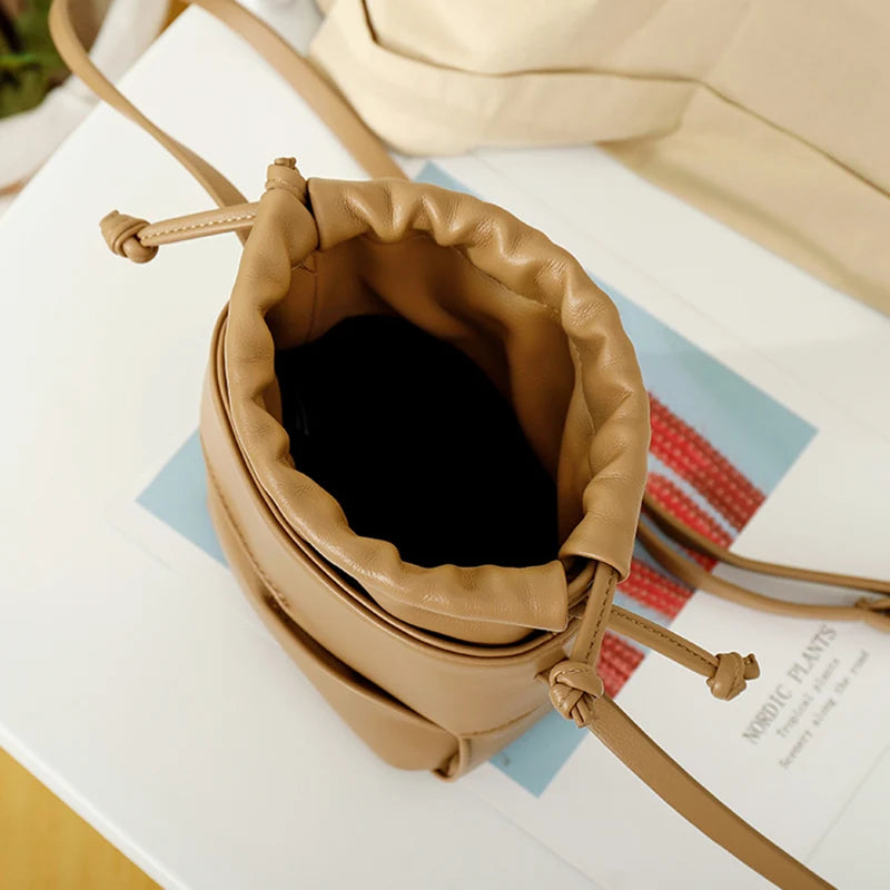 Fashion Mini Bucket Bag Women Simple Small Mobile Phone Pouch White Brown Color Shoulder Bag Lady Clutch Bolsas Crossbody Bags