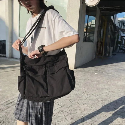 Fashion Multi Pockets Canvas Big Size Handbag Female Male Teenager Student Over Large High Street Hip Hop Zipper Messenger Bag