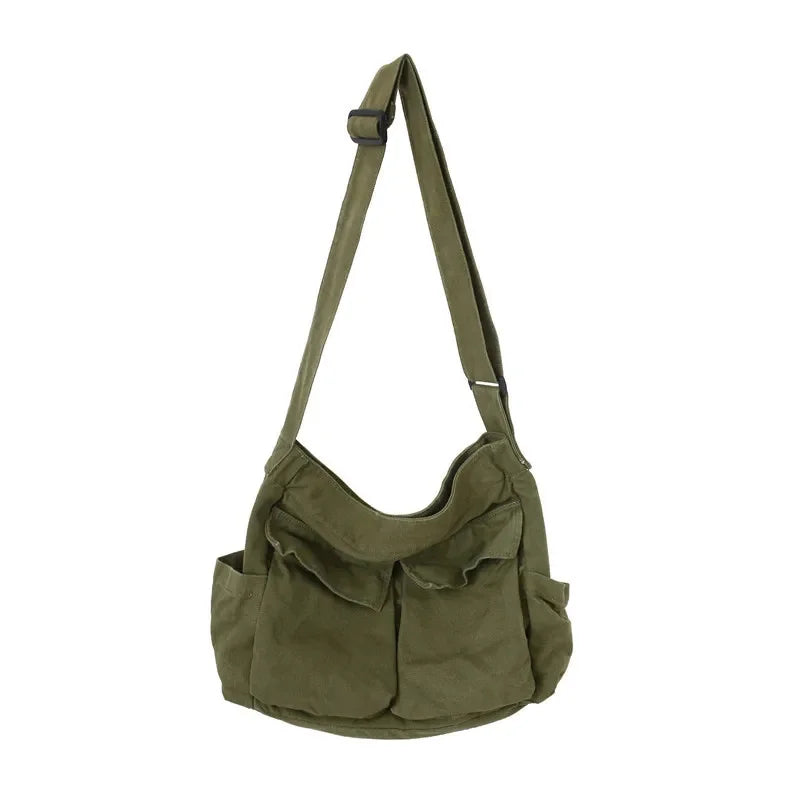 Fashion Multi Pockets Canvas Big Size Handbag Female Male Teenager Student Over Large High Street Hip Hop Zipper Messenger Bag