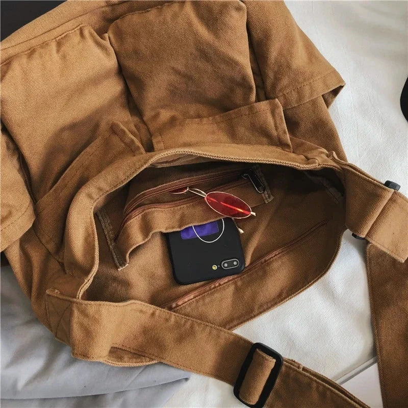 Fashion Multi Pockets Canvas Big Size Handbag Female Male Teenager Student Over Large High Street Hip Hop Zipper Messenger Bag