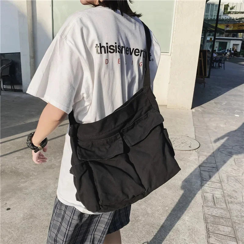 Fashion Multi Pockets Canvas Big Size Handbag Female Male Teenager Student Over Large High Street Hip Hop Zipper Messenger Bag
