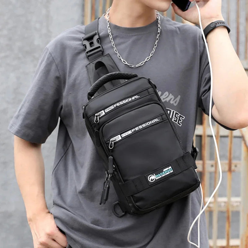 Fashion Nylon Backpack Daypack Men Cross body Chest Bags Pack with USB Charging Port Travel Male Knapsack Rucksack Messenger Bag