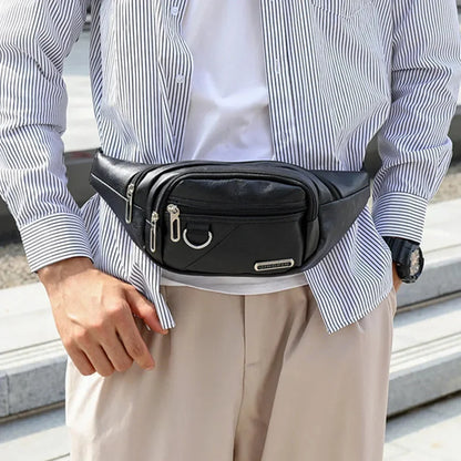 Fashion PU Leather Men's Waist Outdoor Chest Large Capacity Male Crossbody Cell Phone Bag Waterproof Fanny Packs