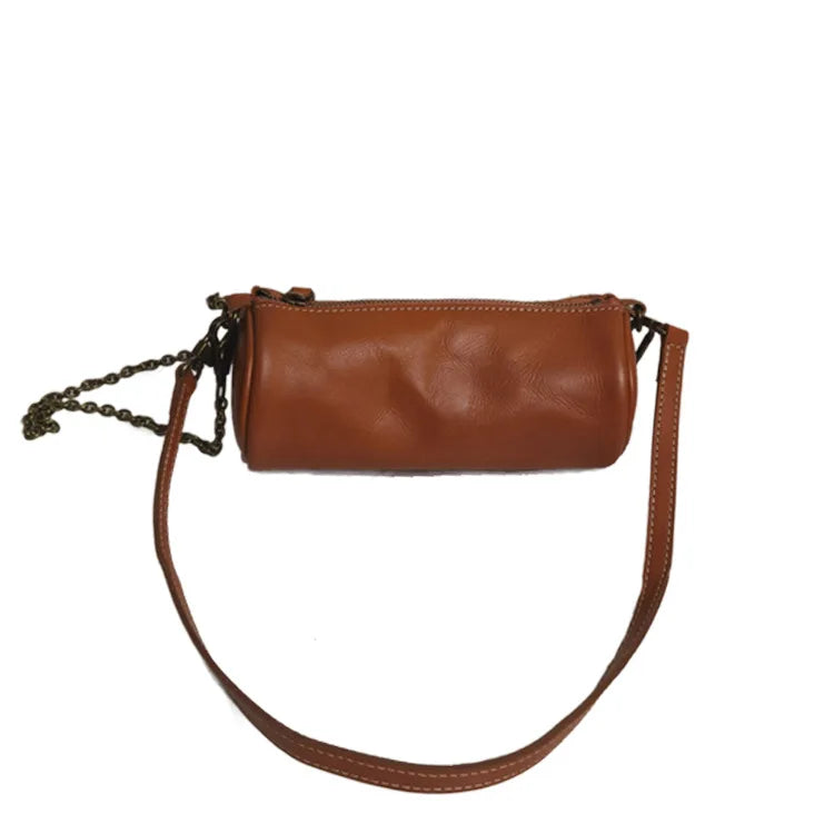 Fashion Plant-tanned Leather Handmade Bag Casual Chains Underarm Shoulder Bag 2024 New All-match Zip Up Barrel-shaped Bolsos