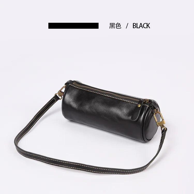 Fashion Plant-tanned Leather Handmade Bag Casual Chains Underarm Shoulder Bag 2024 New All-match Zip Up Barrel-shaped Bolsos
