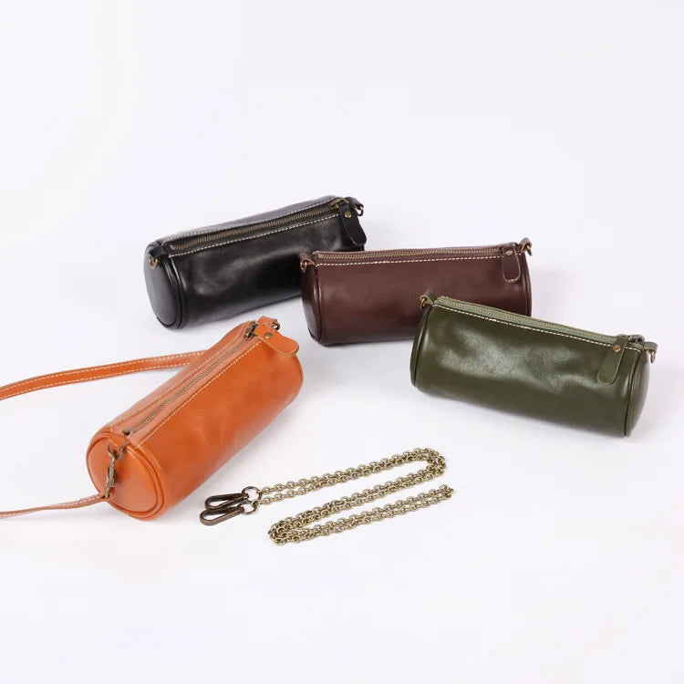 Fashion Plant-tanned Leather Handmade Bag Casual Chains Underarm Shoulder Bag 2024 New All-match Zip Up Barrel-shaped Bolsos