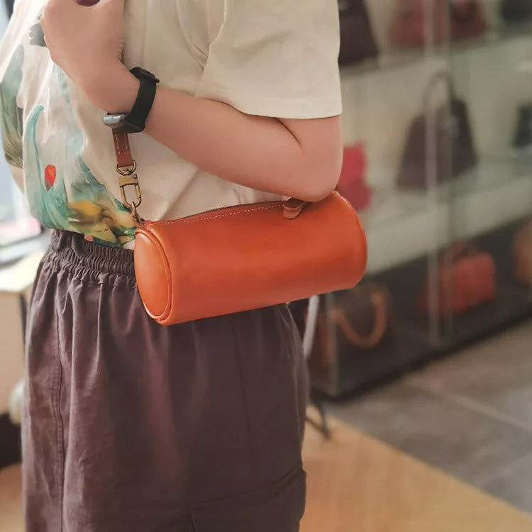 Fashion Plant-tanned Leather Handmade Bag Casual Chains Underarm Shoulder Bag 2024 New All-match Zip Up Barrel-shaped Bolsos