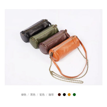 Fashion Plant-tanned Leather Handmade Bag Casual Chains Underarm Shoulder Bag 2024 New All-match Zip Up Barrel-shaped Bolsos