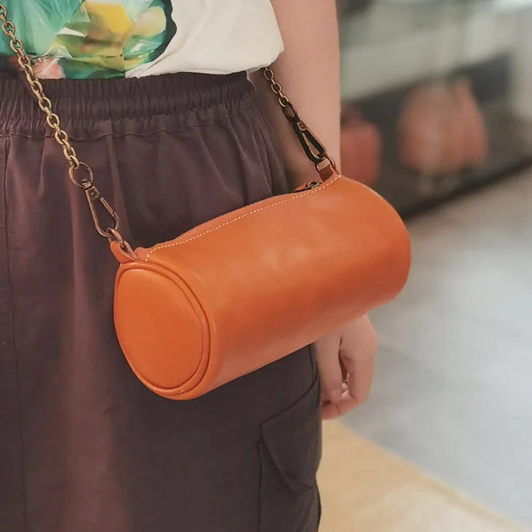 Fashion Plant-tanned Leather Handmade Bag Casual Chains Underarm Shoulder Bag 2024 New All-match Zip Up Barrel-shaped Bolsos