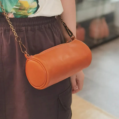 Fashion Plant-tanned Leather Handmade Bag Casual Chains Underarm Shoulder Bag 2024 New All-match Zip Up Barrel-shaped Bolsos