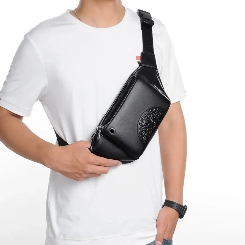 Fashion Printed Men's Waist s PU Leather Chest Large Capacity Fanny Pack Man Belt Pouch Business Shoulder Messenger Bag