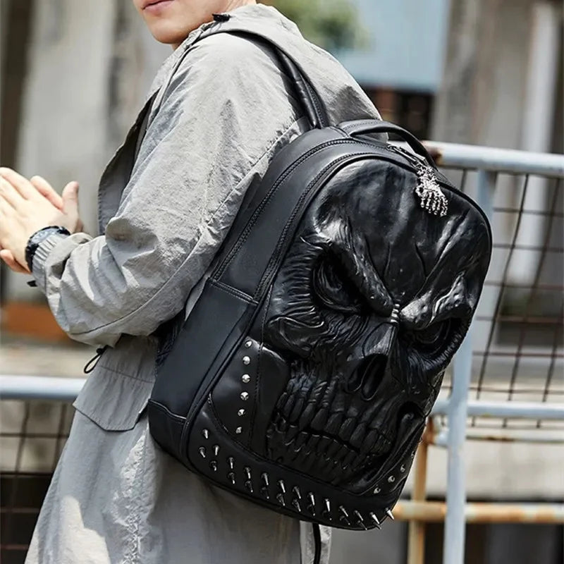 Fashion Relievo Skull Men Trend Leather Teenagers Travel Backpack School For Boys Large Capacity Male Laptop Bag