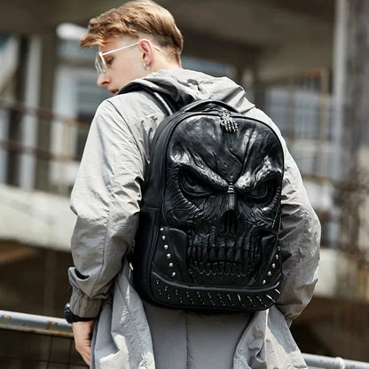 Fashion Relievo Skull Men Trend Leather Teenagers Travel Backpack School For Boys Large Capacity Male Laptop Bag