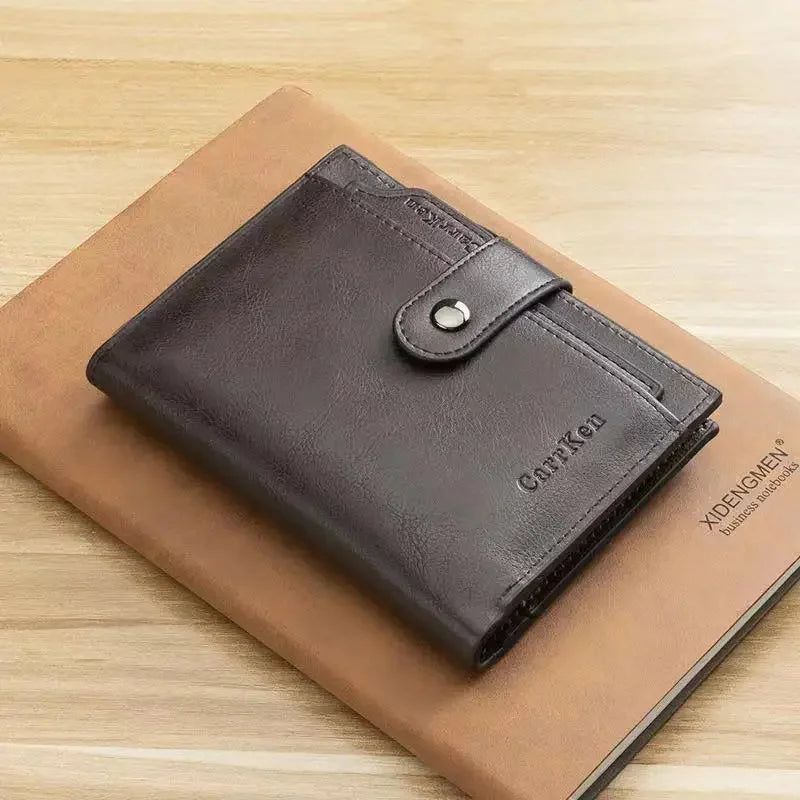 Fashion Snap Button Men's Short Vintage Leather Coin Purse Tri Fold Card Holder Zipper Male Money Wallet