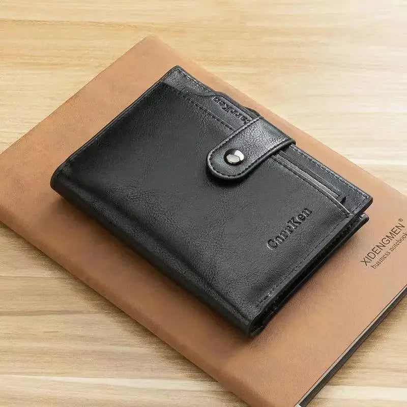 Fashion Snap Button Men's Short Vintage Leather Coin Purse Tri Fold Card Holder Zipper Male Money Wallet