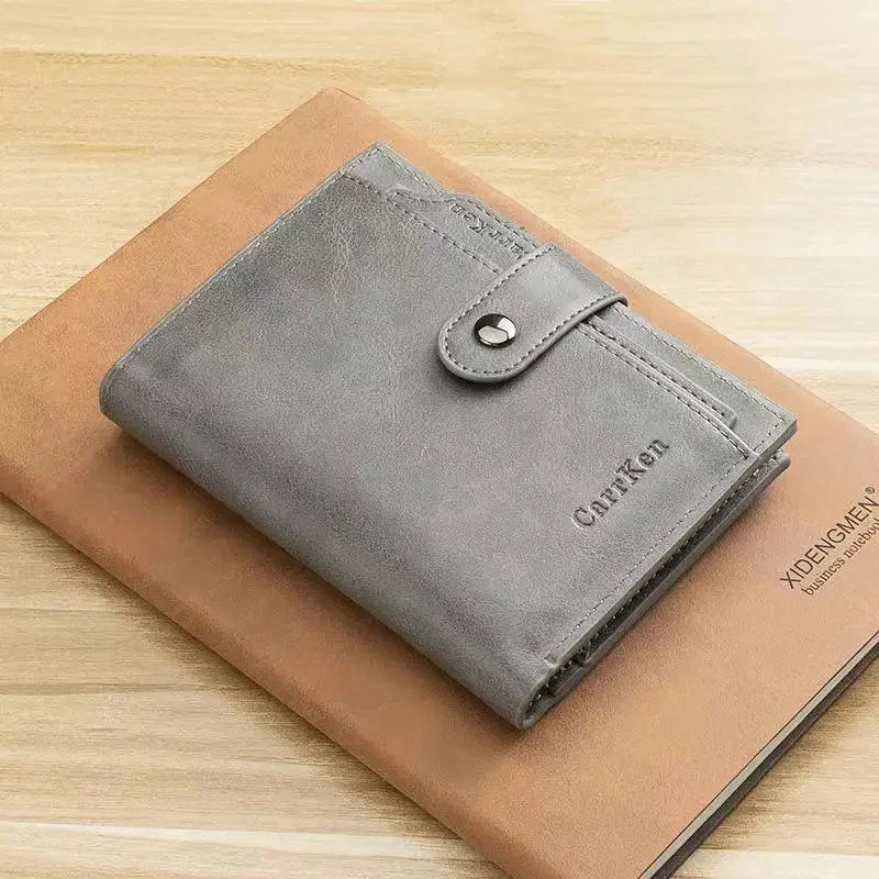 Fashion Snap Button Men's Short Vintage Leather Coin Purse Tri Fold Card Holder Zipper Male Money Wallet