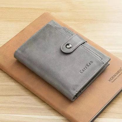Fashion Snap Button Men's Short Vintage Leather Coin Purse Tri Fold Card Holder Zipper Male Money Wallet