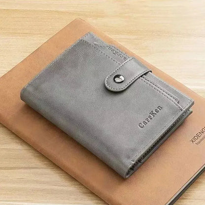 Fashion Snap Button Men's Short Vintage Leather Coin Purse Tri Fold Card Holder Zipper Male Money Wallet