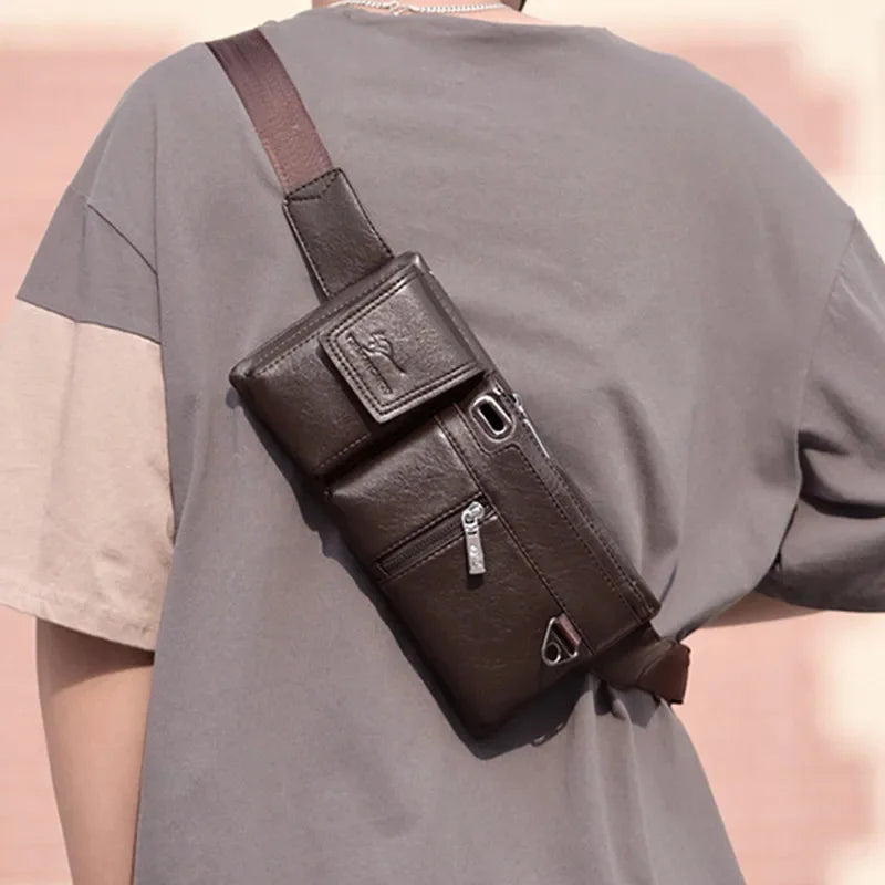 Fashion Soft Leather Men's Chest Multifunction Crossbody Sports Pack Travel Shoulder Male Phone Waist Bag