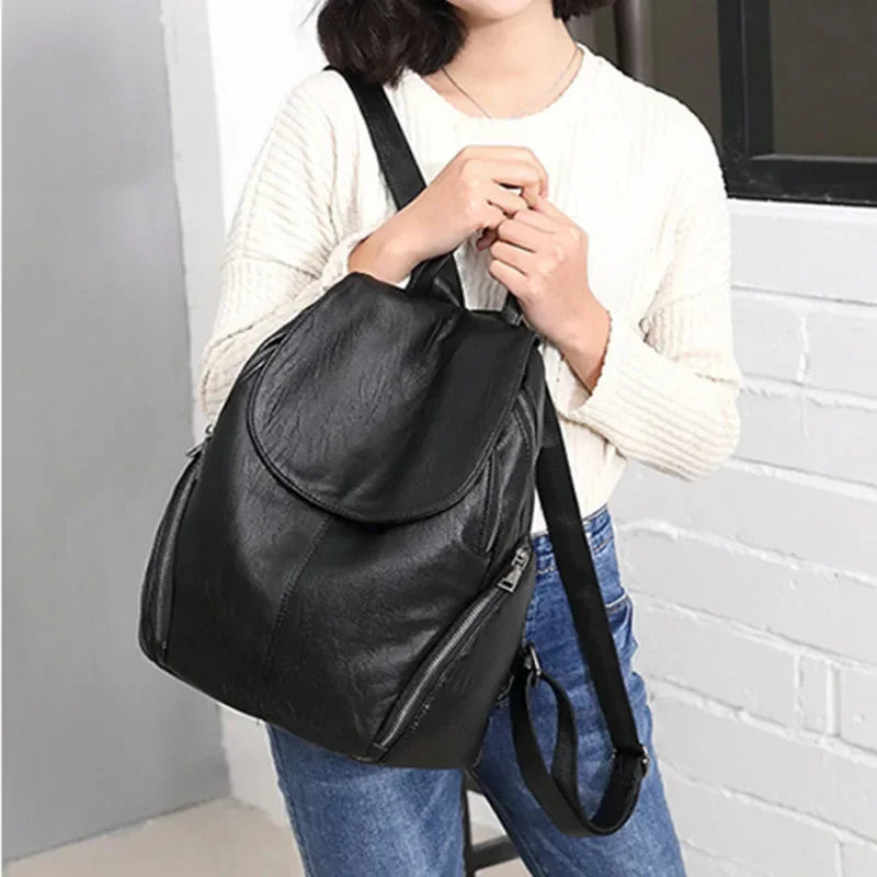 Fashion Soft Leather Women's Casual Travel Backpack Large Capacity Student School Bag For Ladies