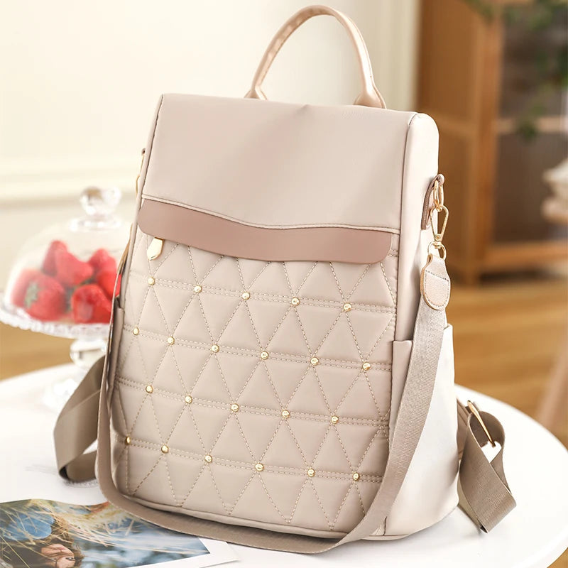 Fashion Solid Color Backpack Women Designer Rivet High Quality Nylon Backpack Female Diamond Pattern Trend School Bags for Girls