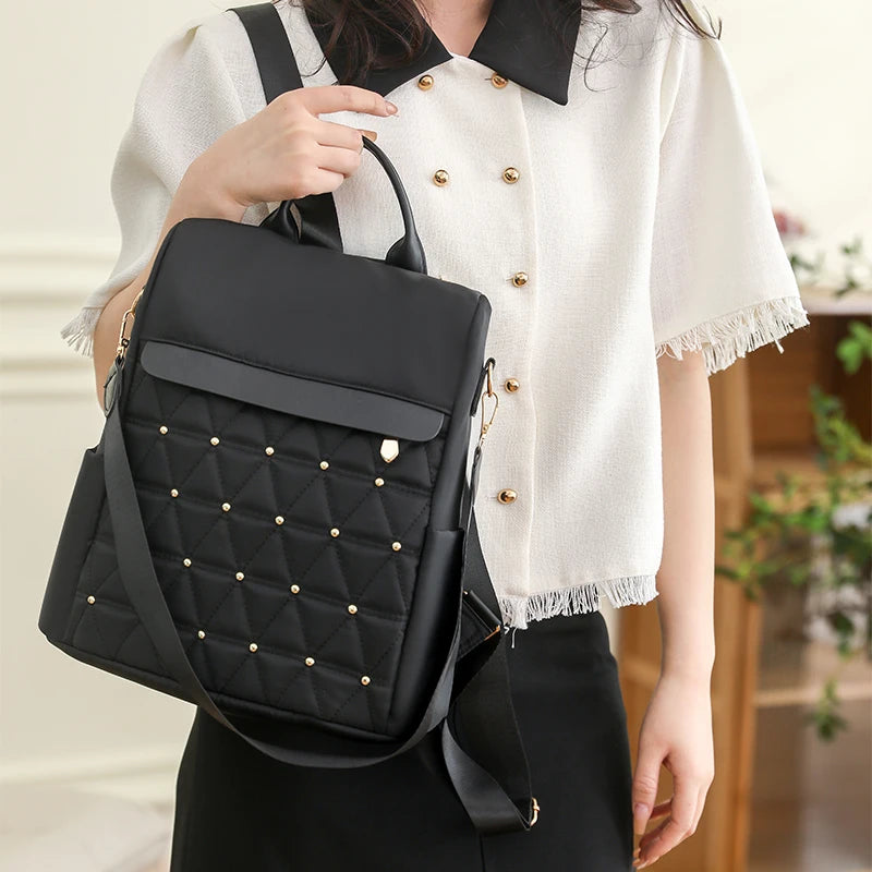 Fashion Solid Color Backpack Women Designer Rivet High Quality Nylon Backpack Female Diamond Pattern Trend School Bags for Girls