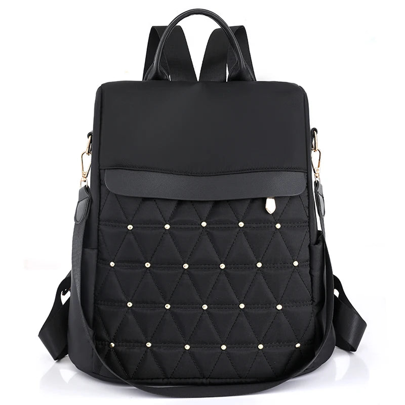 Fashion Solid Color Backpack Women Designer Rivet High Quality Nylon Backpack Female Diamond Pattern Trend School Bags for Girls