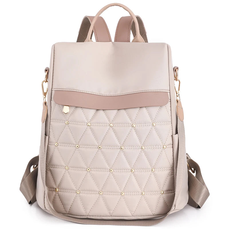Fashion Solid Color Backpack Women Designer Rivet High Quality Nylon Backpack Female Diamond Pattern Trend School Bags for Girls