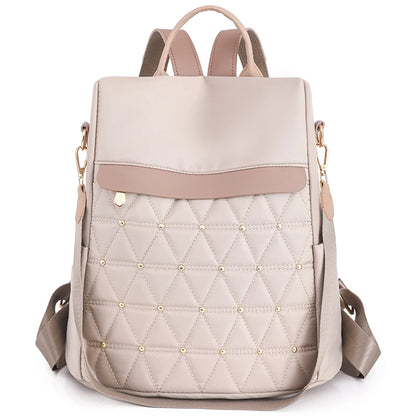 Fashion Solid Color Backpack Women Designer Rivet High Quality Nylon Backpack Female Diamond Pattern Trend School Bags for Girls