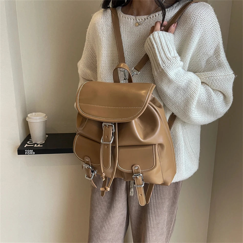 Fashion Solid Design Large Capacity Backpacks for School Teenagers Girls High-quality Leather Waterproof Backpack Travel Bagpack