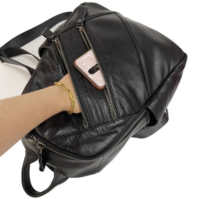 Fashion Steet Trendy All-match Zipper Backpacks High Quality Cowhide Genuine Leather Schoolbags Large Capacity Leisure Bolsas