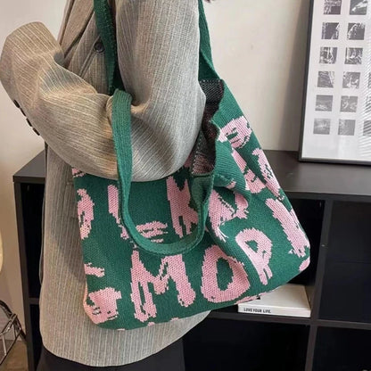 Fashion Tote Bag Large Capacity Knitted Pouch Shoulder Bag Women Handbag Portable Shopping Bag for Traveling, Shopping, Beach