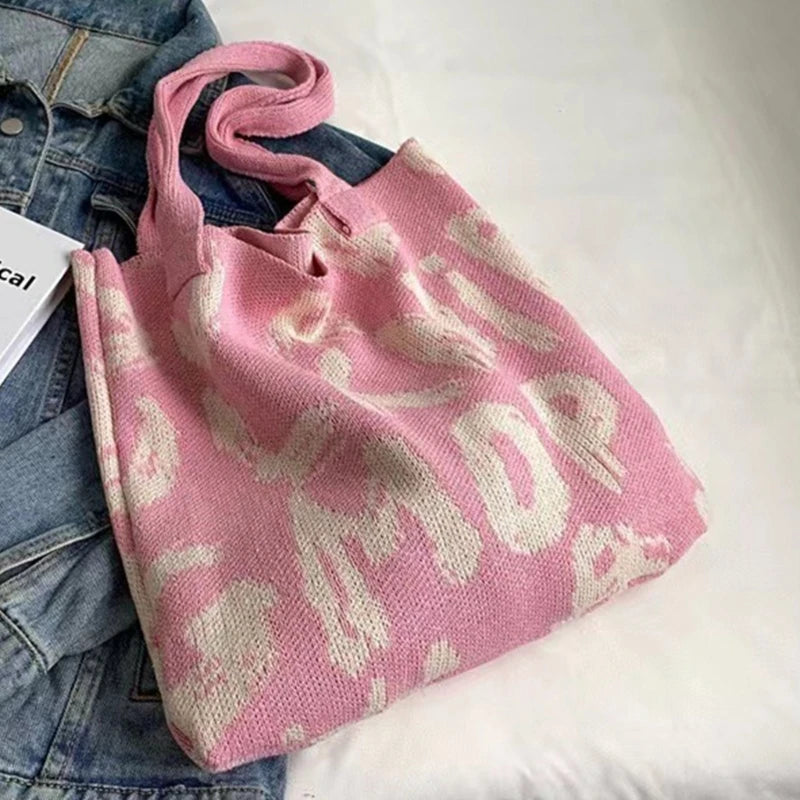 Fashion Tote Bag Large Capacity Knitted Pouch Shoulder Bag Women Handbag Portable Shopping Bag for Traveling, Shopping, Beach