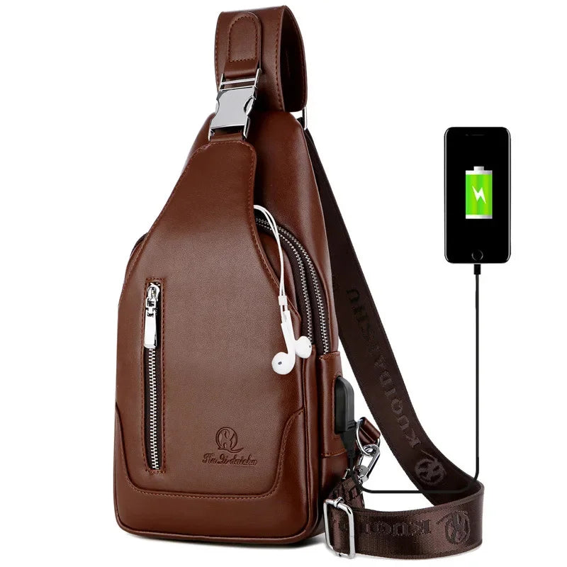 Fashion USB Charging Men's Chest Vintage PU Leather Shoulder Multifunction Crossbody s Male Waterproof Sling Bag