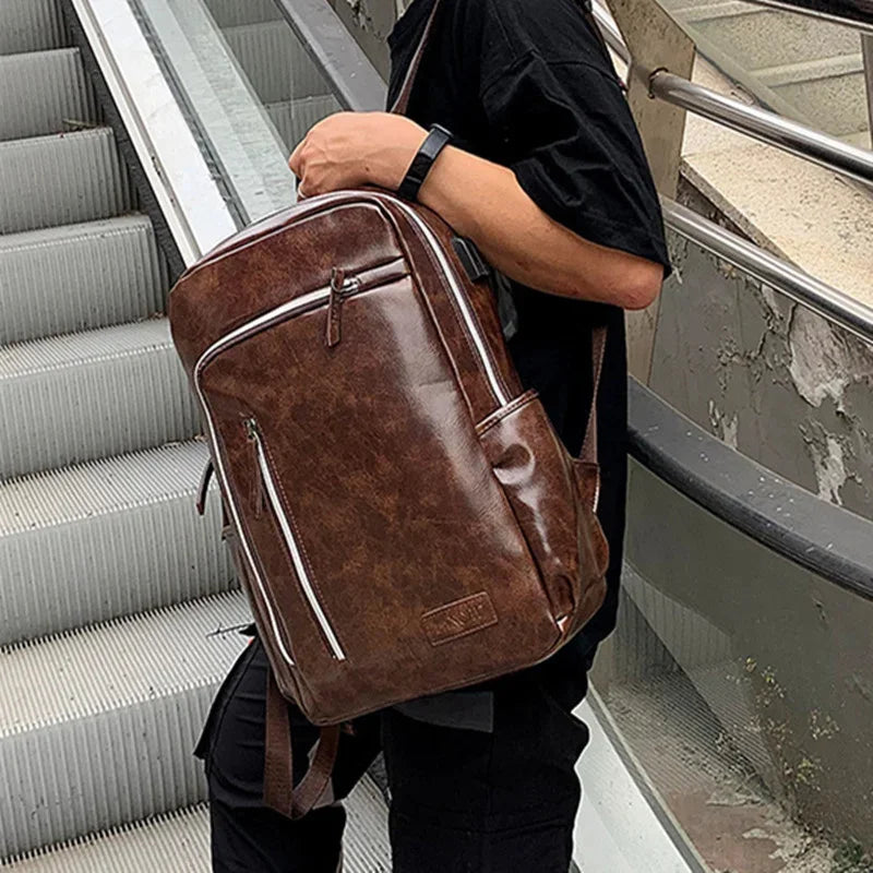 Fashion USB Charging Men's PU Leather Laptop Trendy Man Travel Backpack Large Capacity Student School Bag For Boys