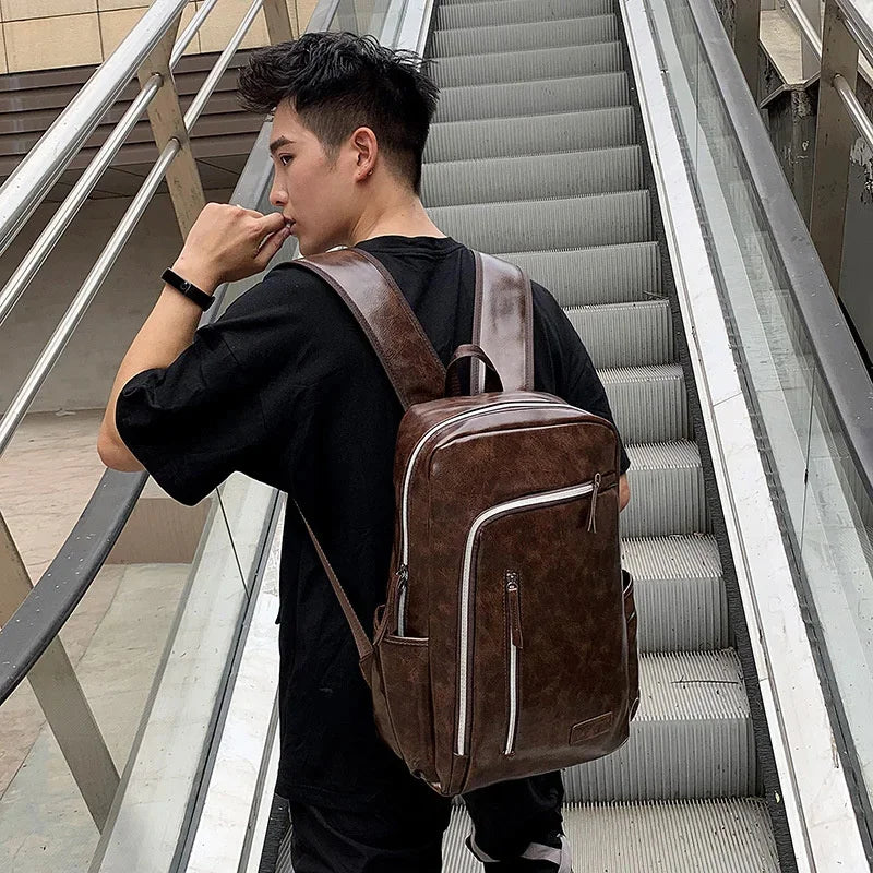 Fashion USB Charging Men's PU Leather Laptop Trendy Man Travel Backpack Large Capacity Student School Bag For Boys