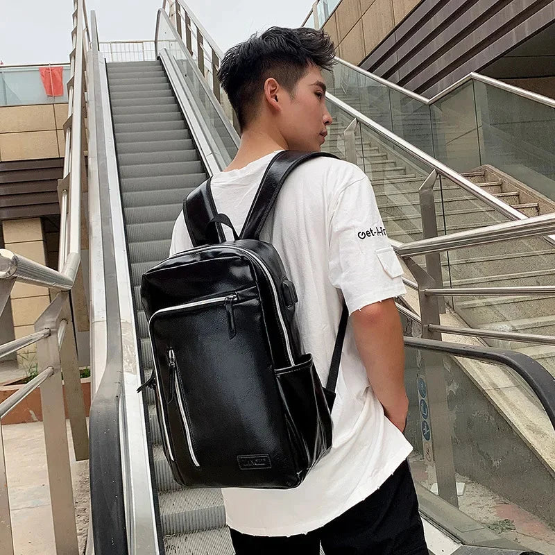 Fashion USB Charging Men's PU Leather Laptop Trendy Man Travel Backpack Large Capacity Student School Bag For Boys