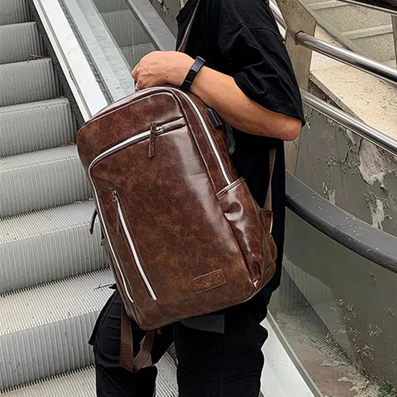 Fashion USB Charging Men's PU Leather Laptop Trendy Man Travel Backpack Large Capacity Student School Bag For Boys