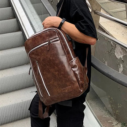 Fashion USB Charging Men's PU Leather Laptop Trendy Man Travel Backpack Large Capacity Student School Bag For Boys