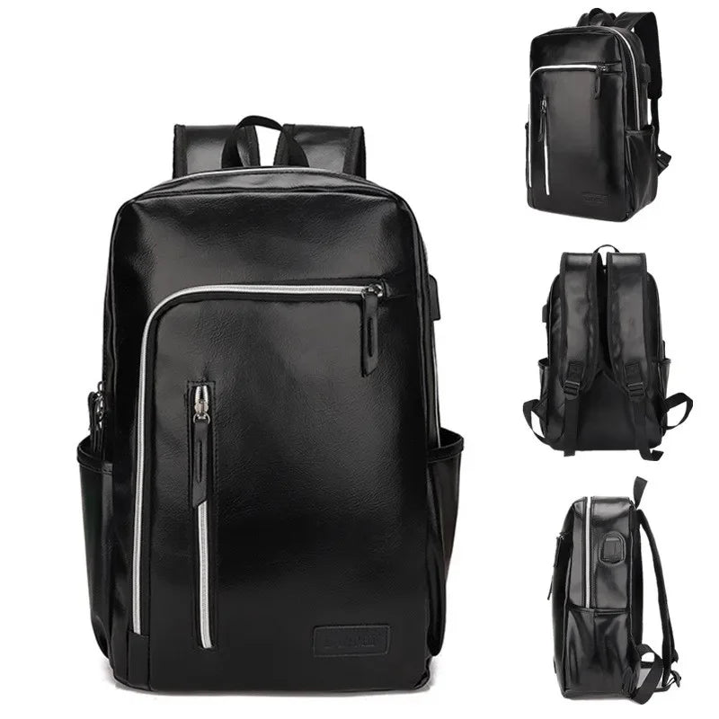 Fashion USB Charging Men's PU Leather Laptop Trendy Man Travel Backpack Large Capacity Student School Bag For Boys