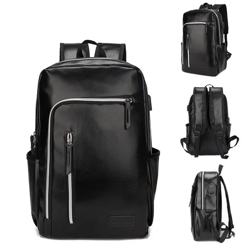 Fashion USB Charging Men's PU Leather Laptop Trendy Man Travel Backpack Large Capacity Student School Bag For Boys