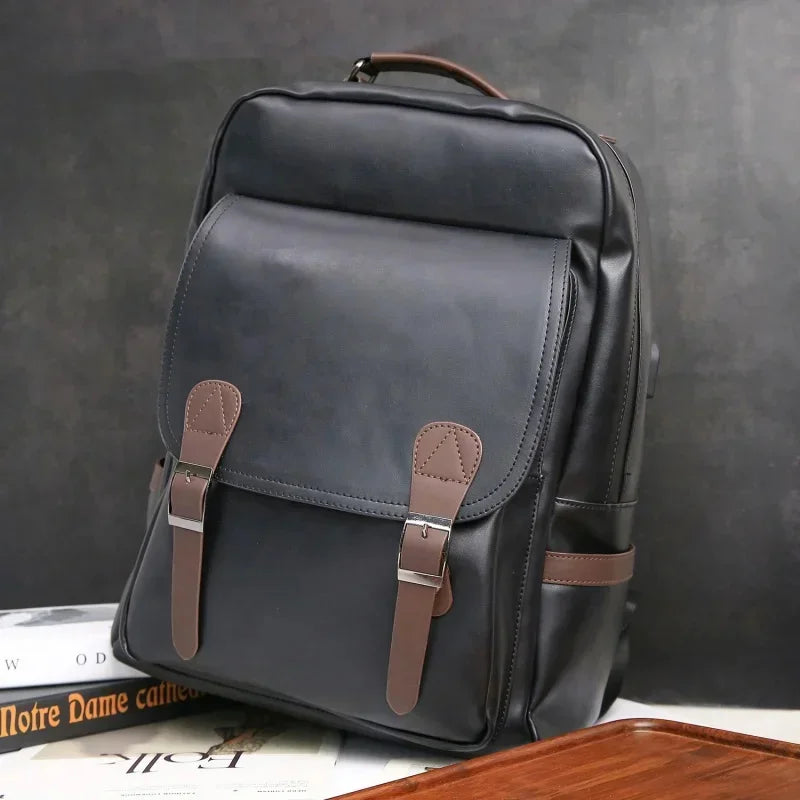 Fashion USB charging men's business leather travel backpack large capacity student school male laptop bag