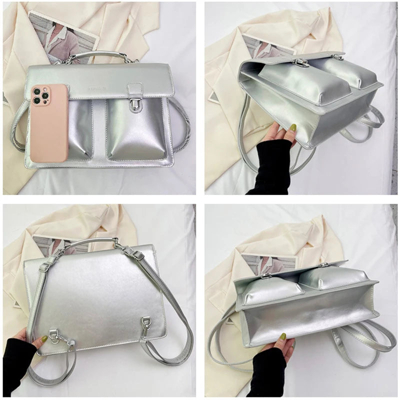 Fashion Vingate Style Women OL Minimalist Backpacks Girl High-Capacity HandBags Briefcase Silvery Shoulder Bags