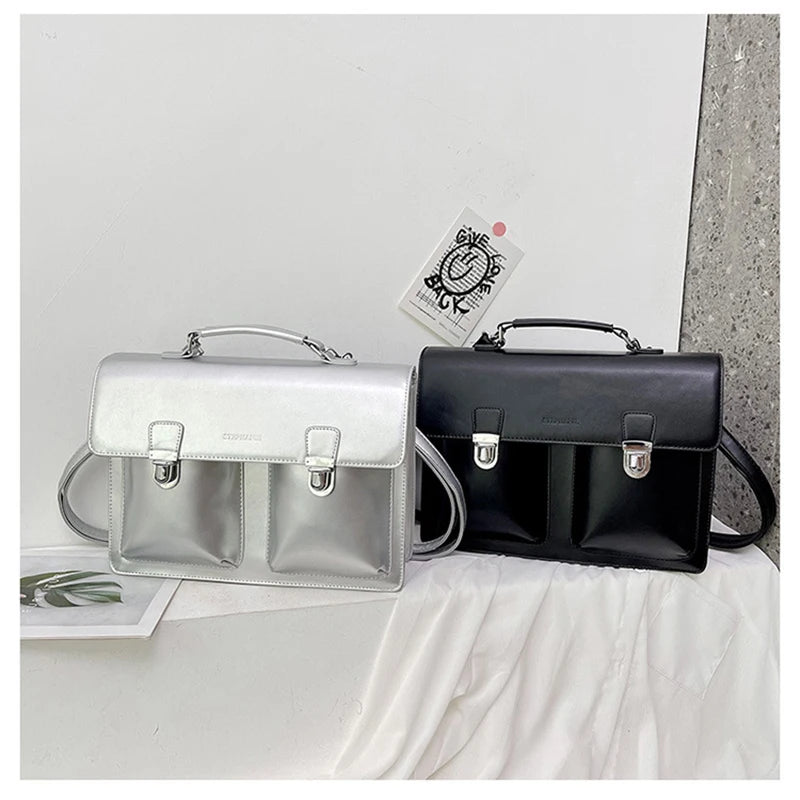 Fashion Vingate Style Women OL Minimalist Backpacks Girl High-Capacity HandBags Briefcase Silvery Shoulder Bags